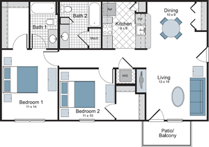 Two Bedroom / Two Bath - 974 Sq.Ft.*